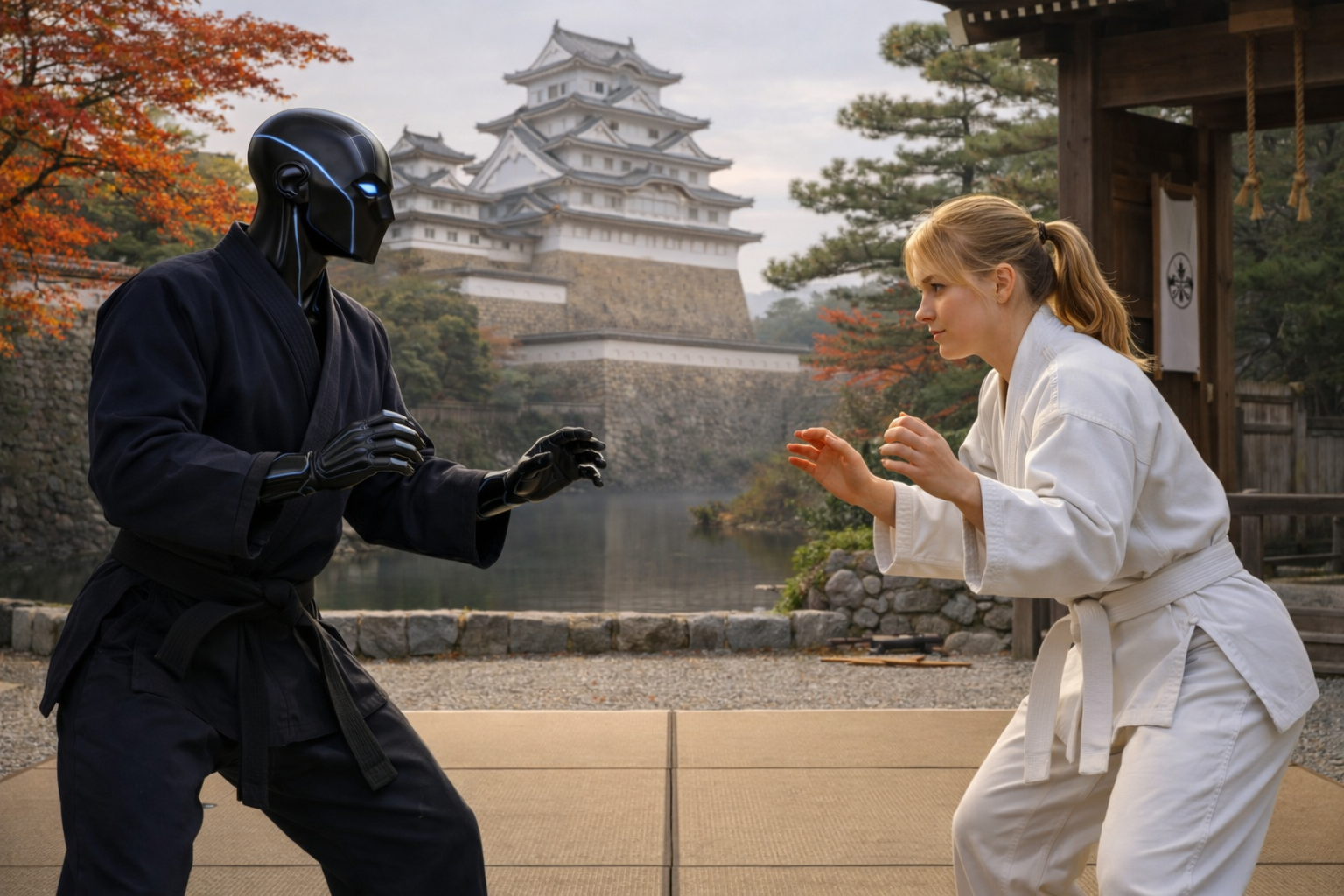 girl fighting against AI with jiu-jitsu