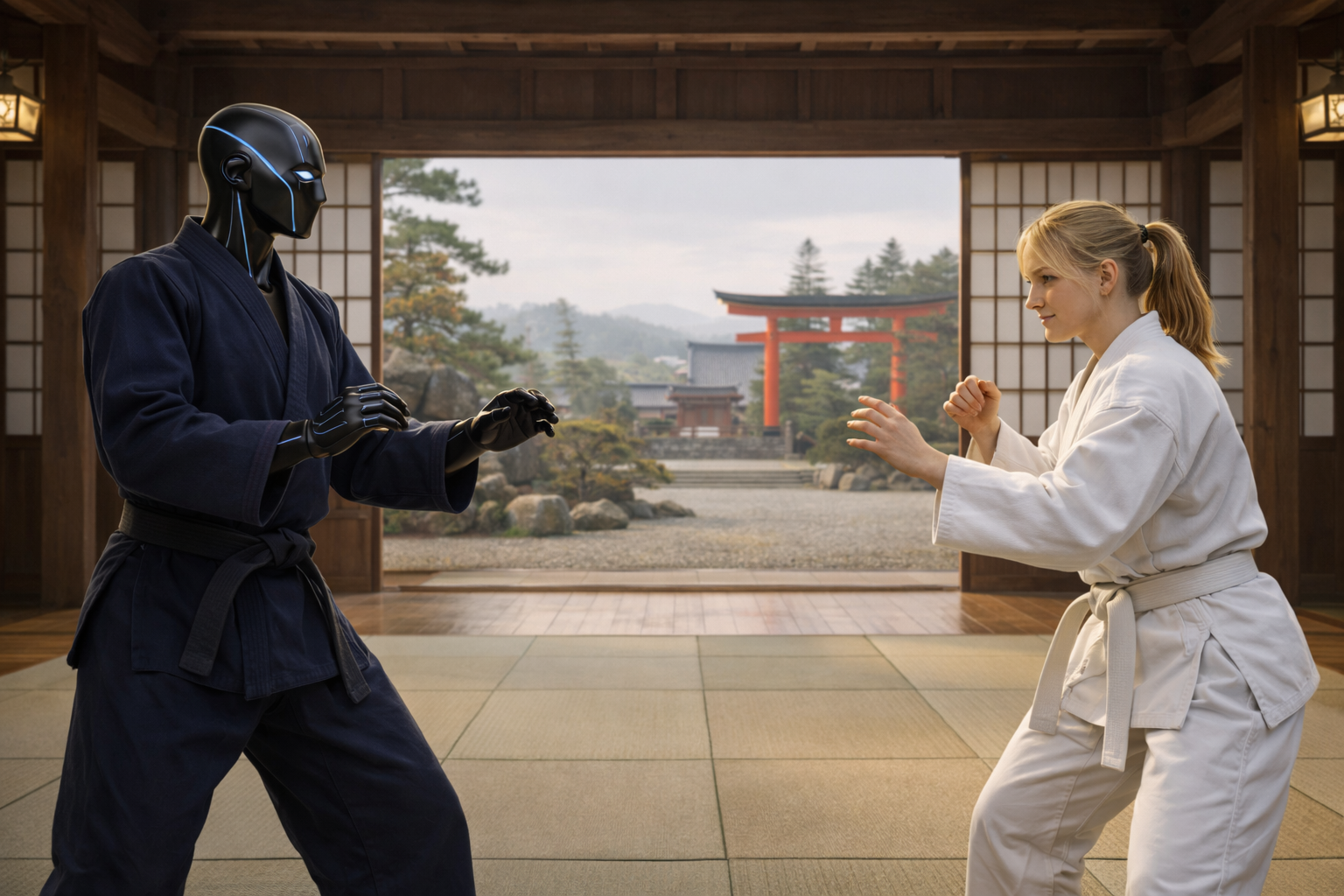 girl fighting against AI with judo