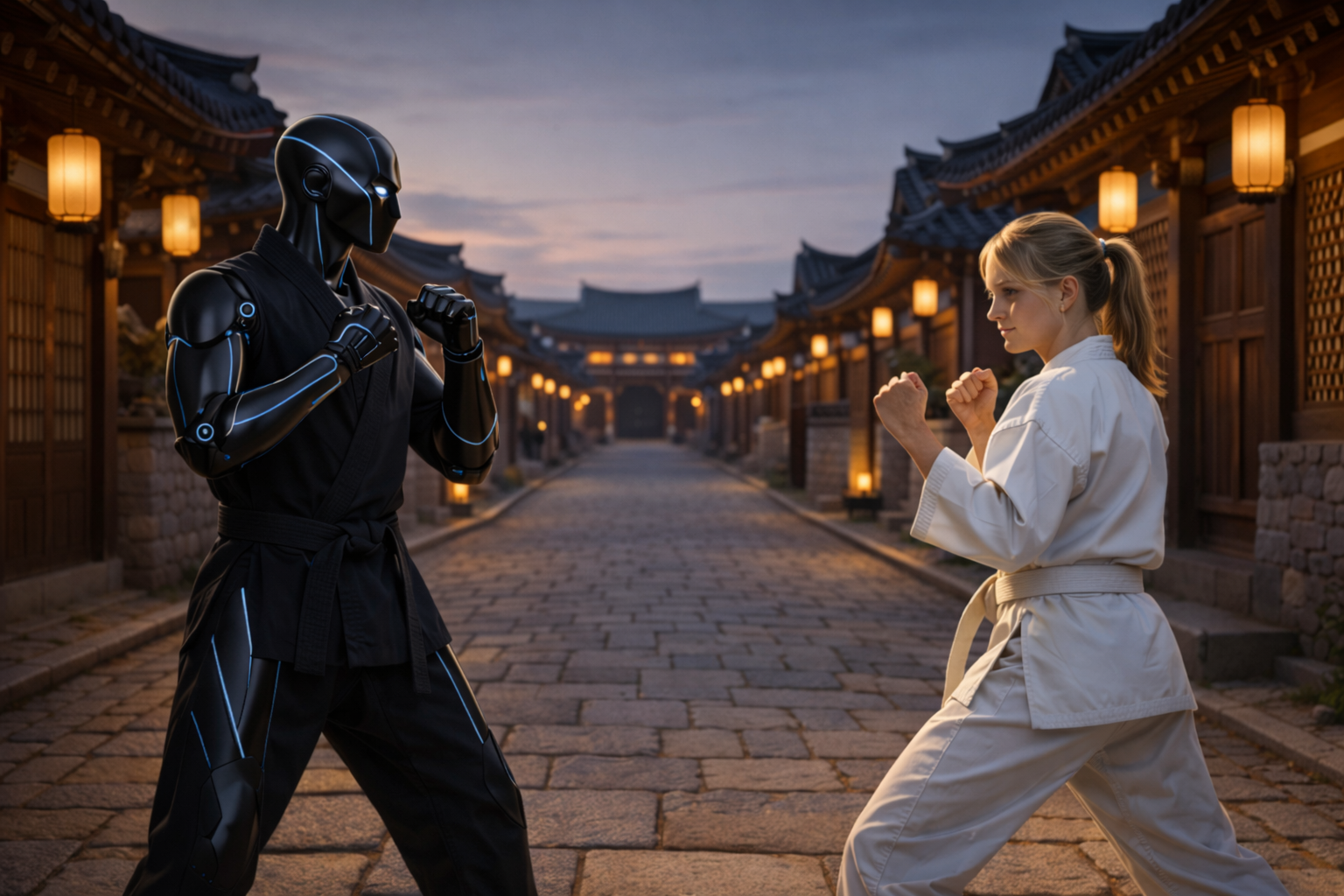 girl fighting against AI with taekwondo