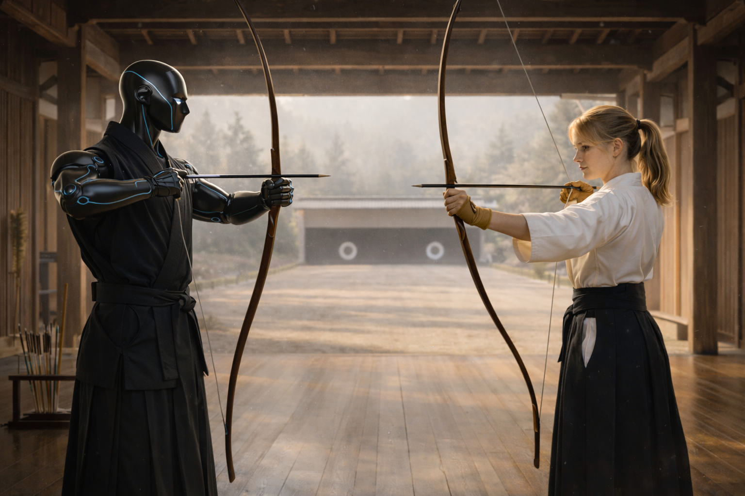 girl fighting against AI with Kyudo