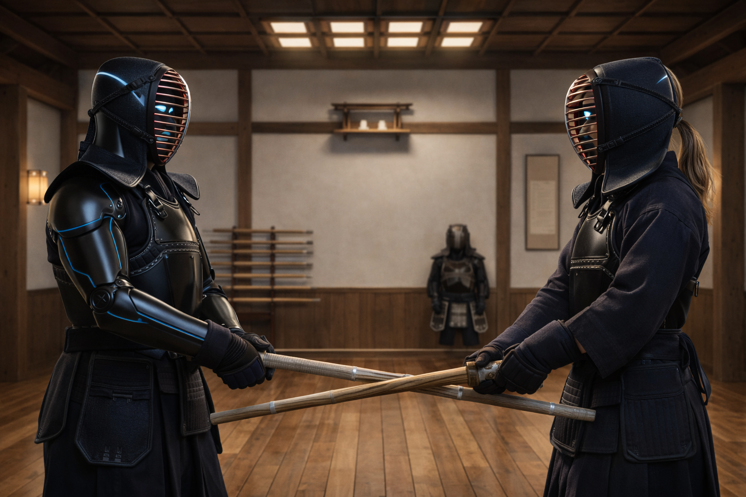 girl fighting against AI with kendo