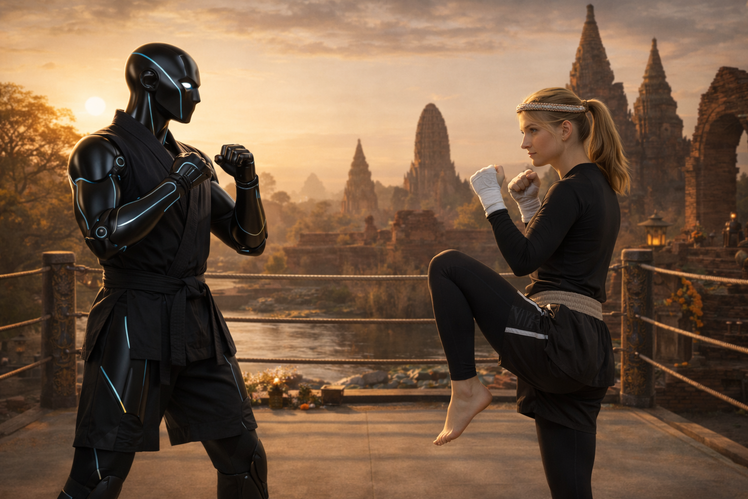 girl fighting against AI with Muay Thai